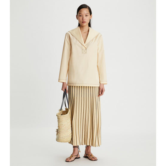 Plaited-Rib Pleated Skirt - Antique Ivory/Black
