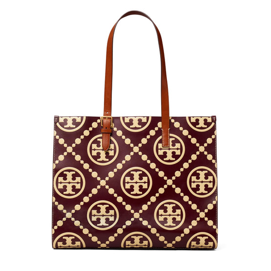 T Monogram Contrast Embossed Tote - Beetle Berry