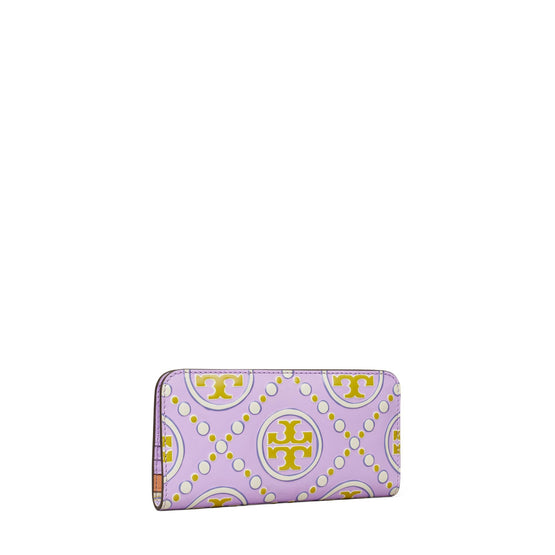 T Monogram Contrast Embossed Zip Slim Wallet - Lavender/New Ivory