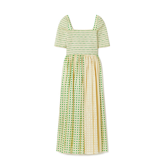 Printed Silk Smocked Dress - Overprinted Green Polka Dot