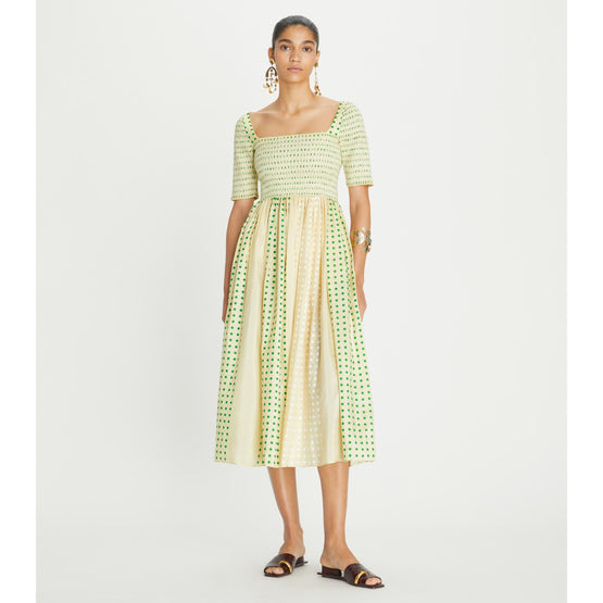 Printed Silk Smocked Dress - Overprinted Green Polka Dot