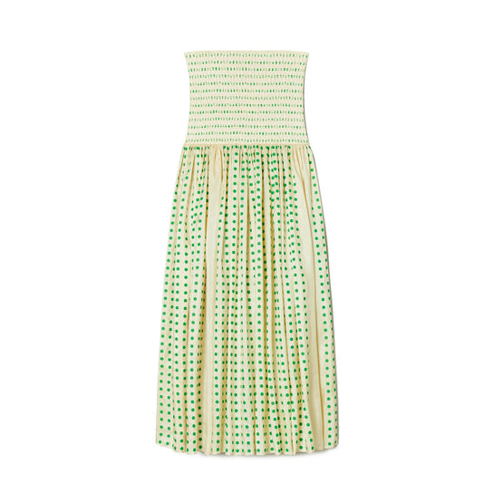 Printed Silk Strapless Dress - Overprinted Green Polka Dot