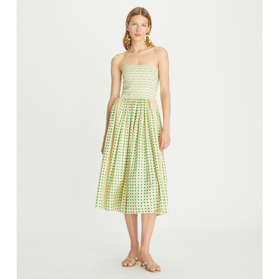 Printed Silk Strapless Dress - Overprinted Green Polka Dot