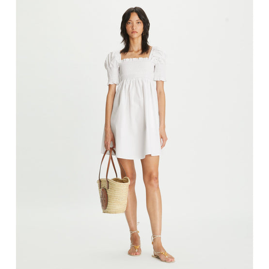 Smocked Cotton Mini Dress - White