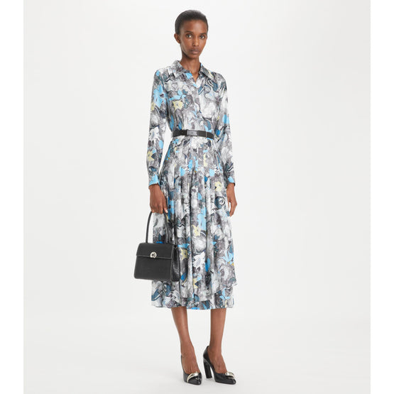 Printed Pleated Silk Twill Dress - Blue Abstract Floral
