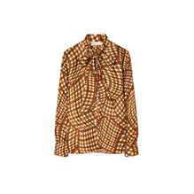Printed Silk Twill Bow Blouse - Brown Warped Gingham