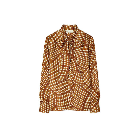 Printed Silk Twill Bow Blouse - Brown Warped Gingham