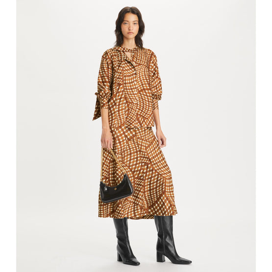 Printed Silk Twill Bow Blouse - Brown Warped Gingham