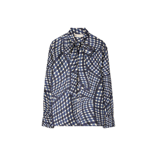 Printed Silk Twill Bow Blouse - Navy Warped Gingham