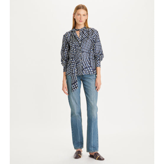 Printed Silk Twill Bow Blouse - Navy Warped Gingham