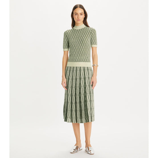Box Pleated Jacquard Skirt - French Cream/Jade
