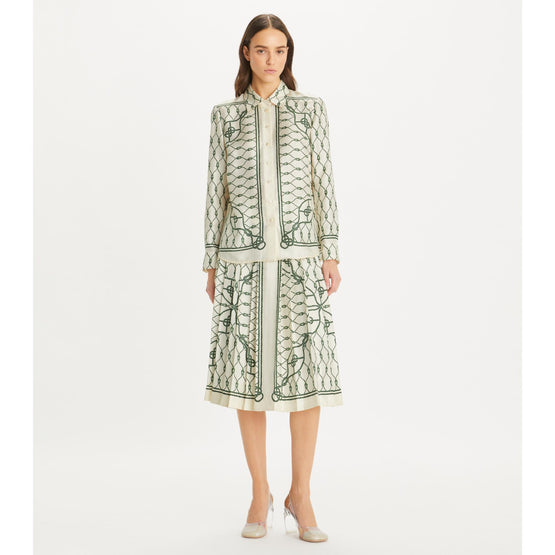 Printed Pleated Silk Skirt - Green Knot