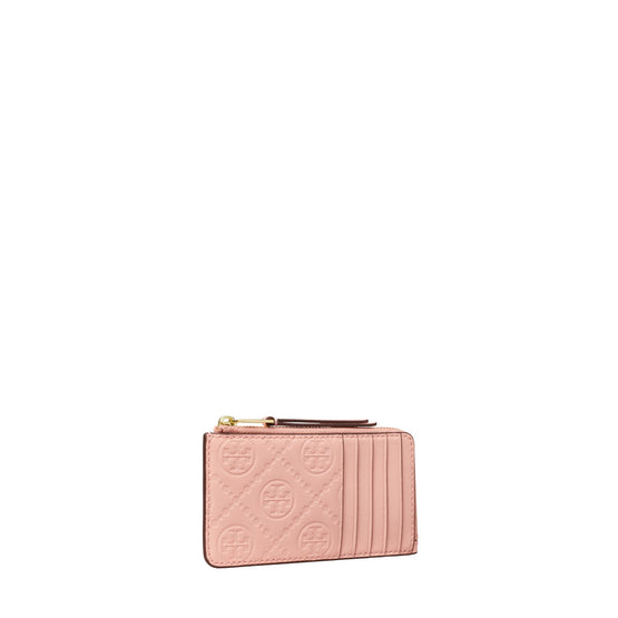 T Monogram Leather Zip Card Case - Blush