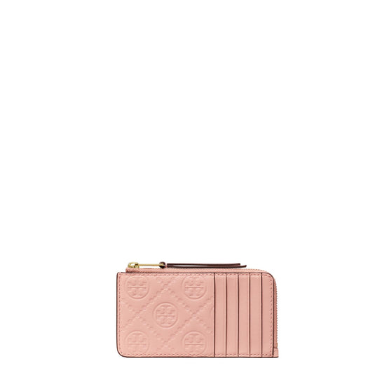 T Monogram Leather Zip Card Case - Blush