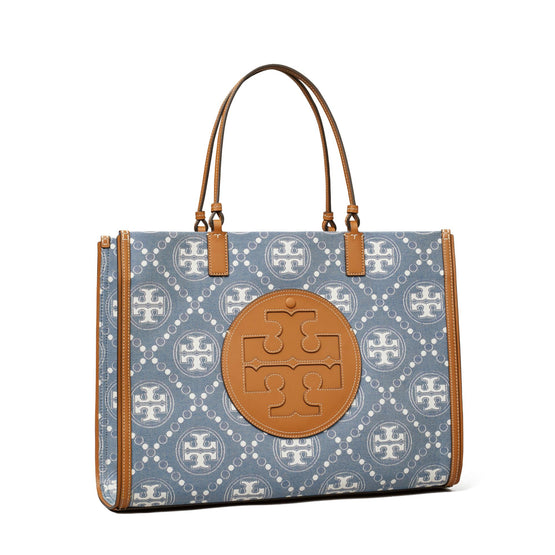 Ella T Monogram Denim Tote - Denim/Multi