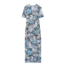 Printed Mesh T-Shirt Dress - Blue Abstract Floral