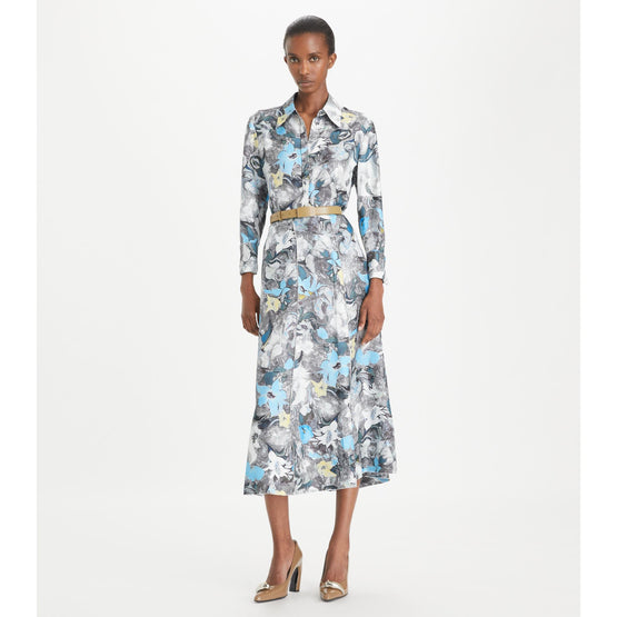 Printed Cuffed Silk Shirt - Blue Abstract Floral