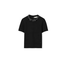 Short Sleeve Wool Sweater With Sequin Neckline - Black