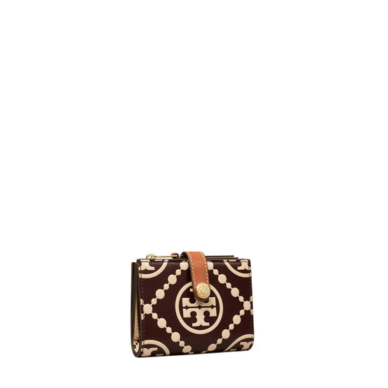 T Monogram Contrast Embossed Bi-Fold Wallet - Maroon/New Cream