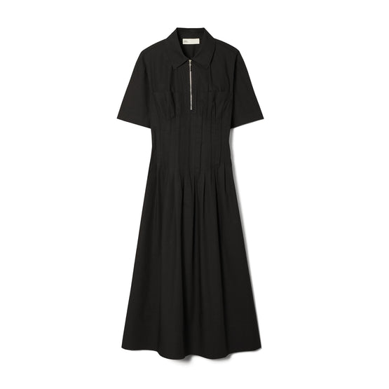 Poplin Pleat-Waist Dress - Black